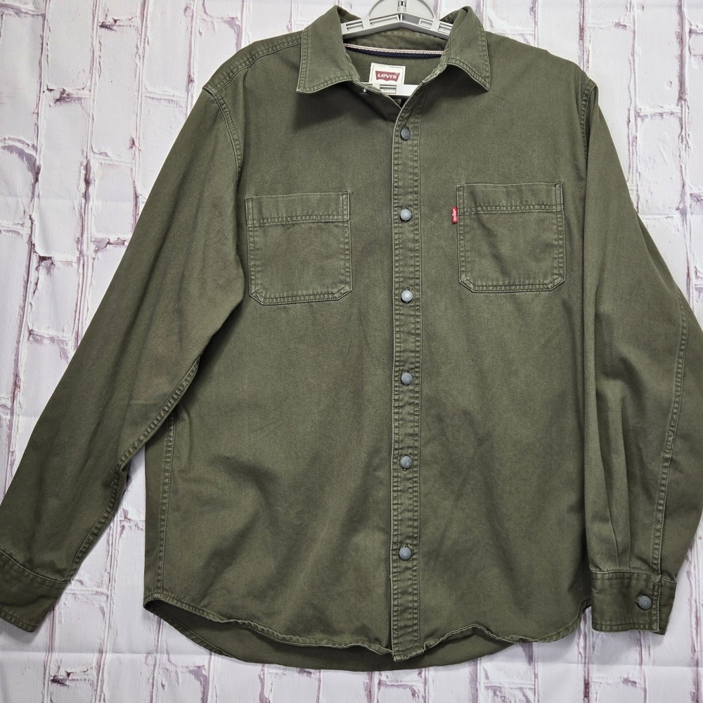 Levi's Button Down Shirt Olive Green Twill Snap Front Workwear Casual Mens L